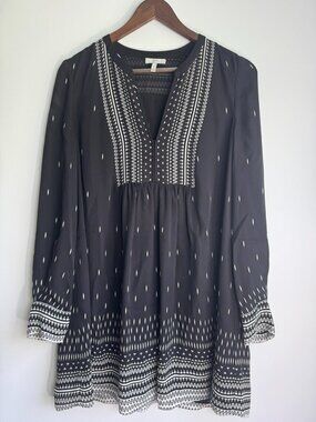 Joie Women's Black & White Boho Silk Long Sleeve Tunic Blouse Mini Dress S